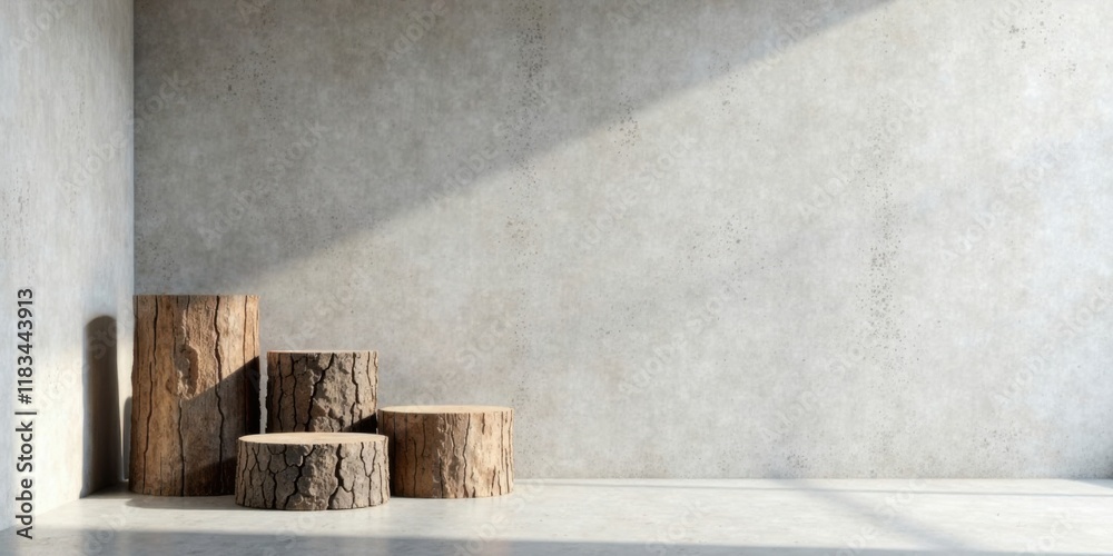 Poster rustic wooden display stands against a concrete wall background