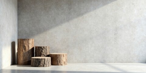 Rustic Wooden Display Stands Against a Concrete Wall Background