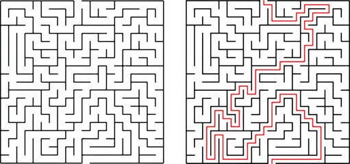 Complex Maze Puzzle with Solution Path, Game, Challenge, Brain Teaser, Labyrinth, Grid, Pathways, Lines, 