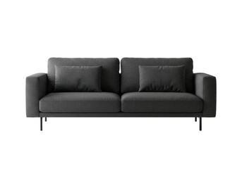 Fototapeta premium Minimalist dark gray fabric sofa with two large cushions and square armrests, isolated on white background