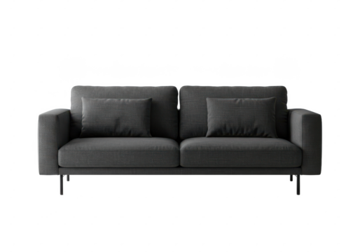Minimalist dark gray fabric sofa with two large cushions and square armrests, isolated on white background