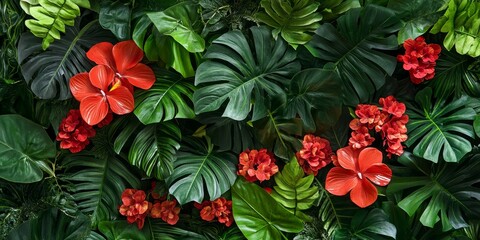 Vibrant red flowers complement lush green leaves in this captivating display, showcasing the stunning contrast between red flowers and their surrounding green foliage. Perfect for natural beauty