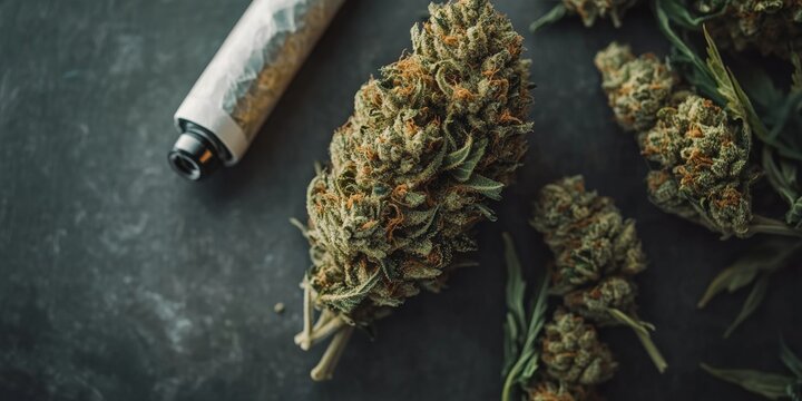 Close up view of cannabis showcasing a marijuana bud alongside a lighter and a rolled joint, highlighting the intricate details of the cannabis nug against a subtle grey background.