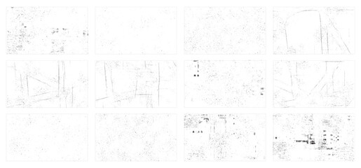 Overlay textures set stamp with grunge effect. Old damage Dirty grainy and scratches. Set of different distressed black grain texture. Distress overlay vector textures.	