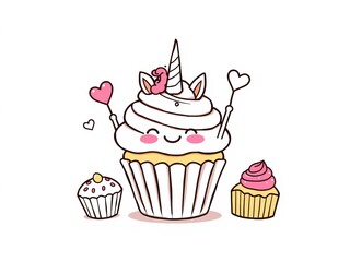 Cute unicorn cupcake in single line drawing style for National Unicorn Day celebration, cupcake, pampering, celebration