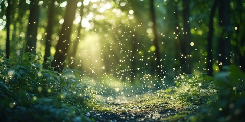 Enchanting Sunlit Forest Path Glimmering Dust Particle