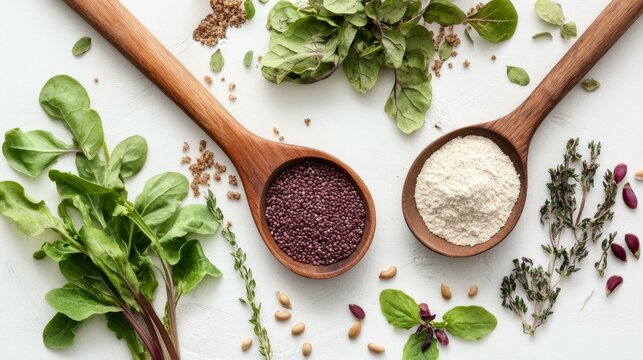 Grass garden orach with seeds, flour, and grits displayed in a wooden spoon on a white table creates a flat layout. This grass garden orach serves as a nutritious option in dietary and vegetarian