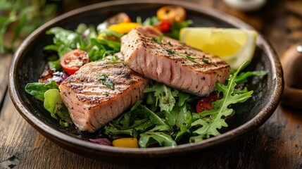 Tuna steak served with a fresh salad on a rustic wooden table creates an inviting dining experience. Enjoy the delicious combination of tuna steak and salad in a cozy setting.
