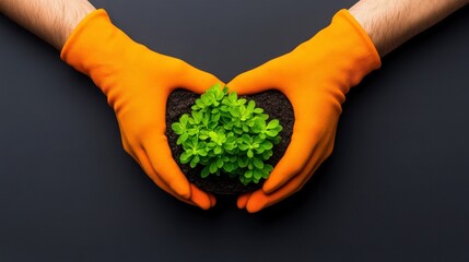 Hands in orange gloves gently cradling a healthy green plant in a heart-shaped soil base, symbolizing care for nature