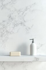 A marble shelf with a blank wall mockup for product presentation, set against a white background. The counter features bathroom accessories and a soap bottle