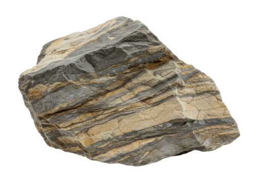 Rugged natural rock formation with rough textures and varying shades of gray and beige, isolated on white background