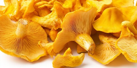 Fresh yellow chanterelle mushrooms displayed in isolation on a white background, highlighting the vibrant colors and unique texture of fresh yellow chanterelle for culinary inspiration.