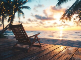 Wooden Chair Sits On Deck Overlooking Tropical Beach at Sunset, Relaxation and Tranquility.