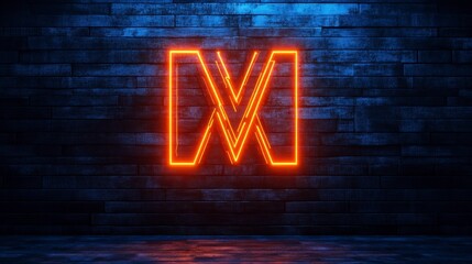 Illuminated letter 'M' in neon orange against a textured dark wooden wall with blue lighting accents