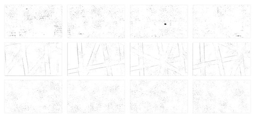 Overlay textures set stamp with grunge effect. Old damage Dirty grainy and scratches. Set of different distressed black grain texture. Distress overlay vector textures.	