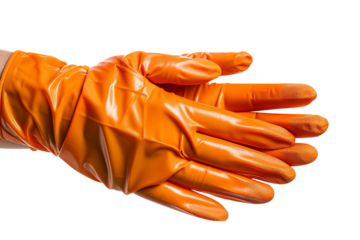 Orange rubber gloves for protection and cleaner, isolated on transparent background.