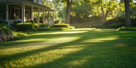 Neatly cut lawn of a house, showcasing the precision of a lawn mower. This image captures the beauty and maintenance of a well groomed lawn, highlighting the effectiveness of a lawn mower.