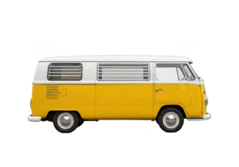 vintage yellow and white camper van with clean lines and classic design, isolated on white background