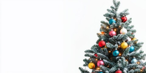 A Christmas tree decorated with colorful ornaments and bright lights stands out against a white backdrop, allowing for text inclusion. This embodies the festive holiday spirit and celebration theme.