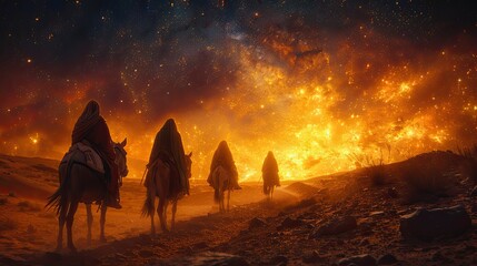 Yusuf and his wife traveled to Egypt on donkeys, at night with the stars in the sky