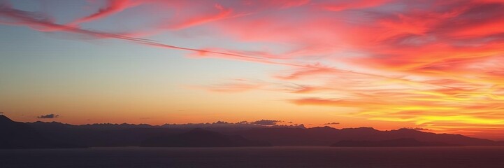 Obraz premium Fiery red sunset over calm ocean with silhouetted mountains, landscape, sky, sunset