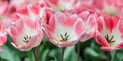 Obraz premium Tulip hybrids feature striking petals in a chic blend of pink and white. These blooming tulips create a beautiful floral backdrop with their sharp detail against a softly blurred background.