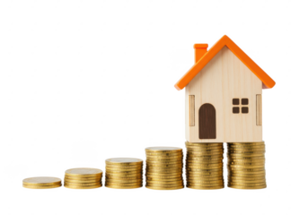 wooden miniature house with an orange roof balanced on stacks of golden coins, symbolizing real estate and financial growth, isolated on white background