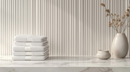A white marble table with a stack of towels and a ceramic vase on an empty wall background, a mockup for product display presentation