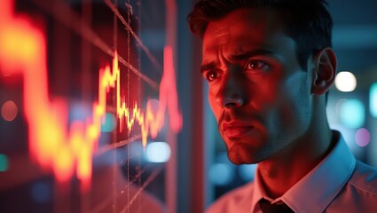 Concerned individual with furrowed eyebrows, worried facial expression, and piercing brown eyes, gazing intensely at a fluctuating bright red stock market graph displayed on a futuristic transparent L