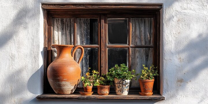 Antique jug botijo displayed in the window of a traditional home, showcasing the charm and heritage of a typical botijo along with rustic architectural details.