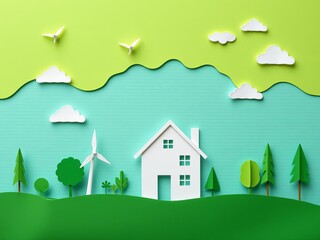Naklejka premium Green eco house made from paper cut pieces with nature elements like trees, clouds, and birds on a white background, renewable resources, paper cut, green