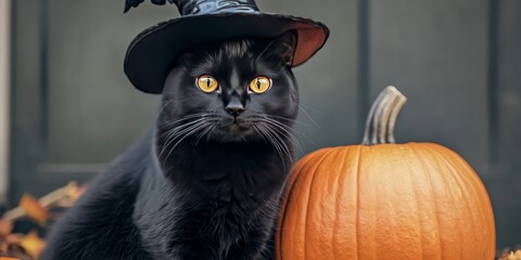 A black cat wearing a witchs hat sits next to a pumpkin. The black cat, dressed in a witch hat, is positioned beside a pumpkin, adding a festive touch.