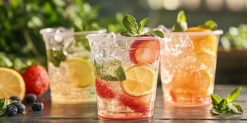 Cocktail containers filled with refreshing summer drinks in plastic drink cups are perfect for enjoying warm days. These versatile cocktail containers enhance any summer gathering.