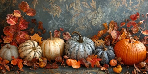 Thanksgiving day composition featuring decorative pumpkins, creating a festive autumn fall atmosphere, perfect for celebrating the season with beautiful autumn fall elements.