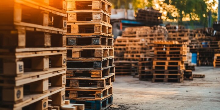 A collection of wooden pallets is organized within a warehouse setting. The outdoor pallet storage area features Euro type cargo pallets, highlighting their presence in recycling processes.