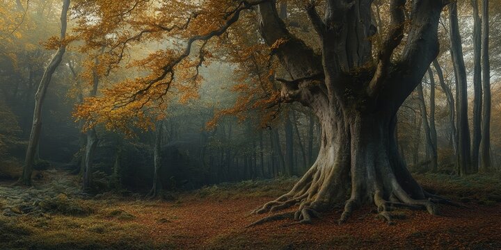 Majestic old beech tree standing tall in serene woodland, showcasing the beauty and grandeur of nature. This old beech tree adds charm and character to the tranquil woodland scenery.