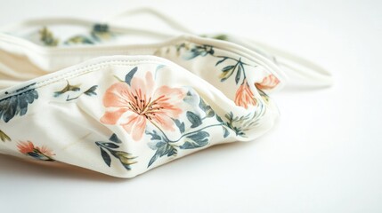 Close-up of a reusable cloth face mask with a floral pattern, folded on a clean, white background.