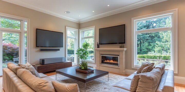 Stylishly designed living room featuring a large TV screen, a contemporary fireplace, and multiple window doors, creating an elegant and inviting atmosphere for relaxation and entertainment.