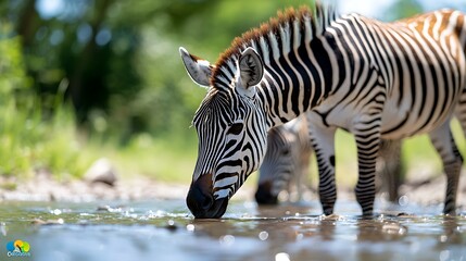 Close-up of a zebra drinking water from a stream in a natural habitat.