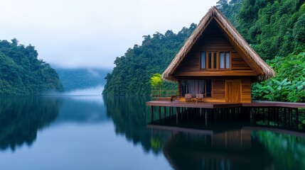 Fototapeta premium A serene lakeside cabin nestled amidst lush forest landscapes with tranquil reflections on still waters during an early dawn
