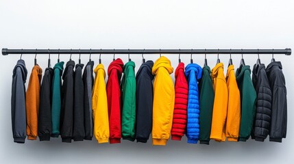 A vibrant display of assorted jackets hanging on a rack, showcasing a variety of colors and styles for seasonal fashion inspiration