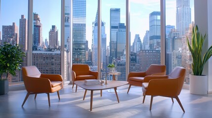 Obraz premium Ultra-clear shot of a corporate boardroom, panoramic city view, sleek furniture