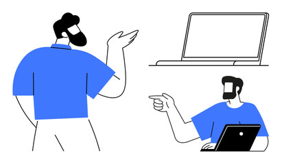 Two men engage in conversation near laptops, highlighting teamwork and digital interaction. Ideal for themes thumbs up communication, remote work, technology, partnership, IT consultation, virtual