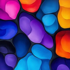 Colorful abstract pattern featuring smooth, rounded shapes in vibrant hues of orange, purple, blue, and pink against a dark background.