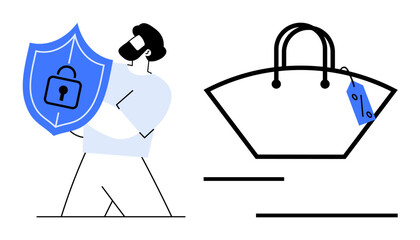 Man holding a blue shield with a lock, next to a handbag with a price tag. Ideal for security, protection, e-commerce, online shopping, privacy, cybersecurity user safety concepts. Abstract line