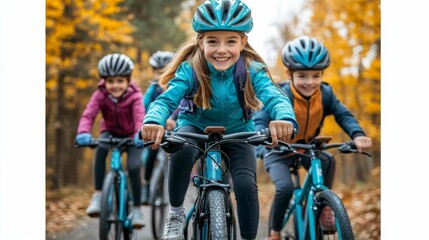 Fototapeta premium Picture of a happy family enjoying a bike ride in the countryside, with parents and children riding together under the bright blue sky, symbolizing health, joy, and togetherness.