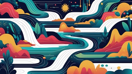 Obraz premium Abstract Landscape Featuring Flowing Water and Colorful Hills