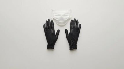 Obraz premium Minimalistic composition of a face mask and gloves on a white background, representing preventive health measures.