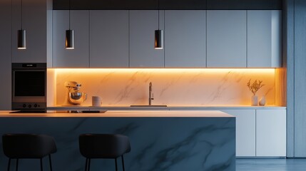Modern kitchen with sleek white cabinets, a marble countertop, and stainless steel appliances, illuminated by pendant lights.