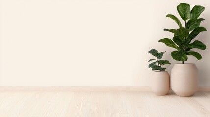 Indoor plants in stylish pots on a light textured floor against a neutral wall.